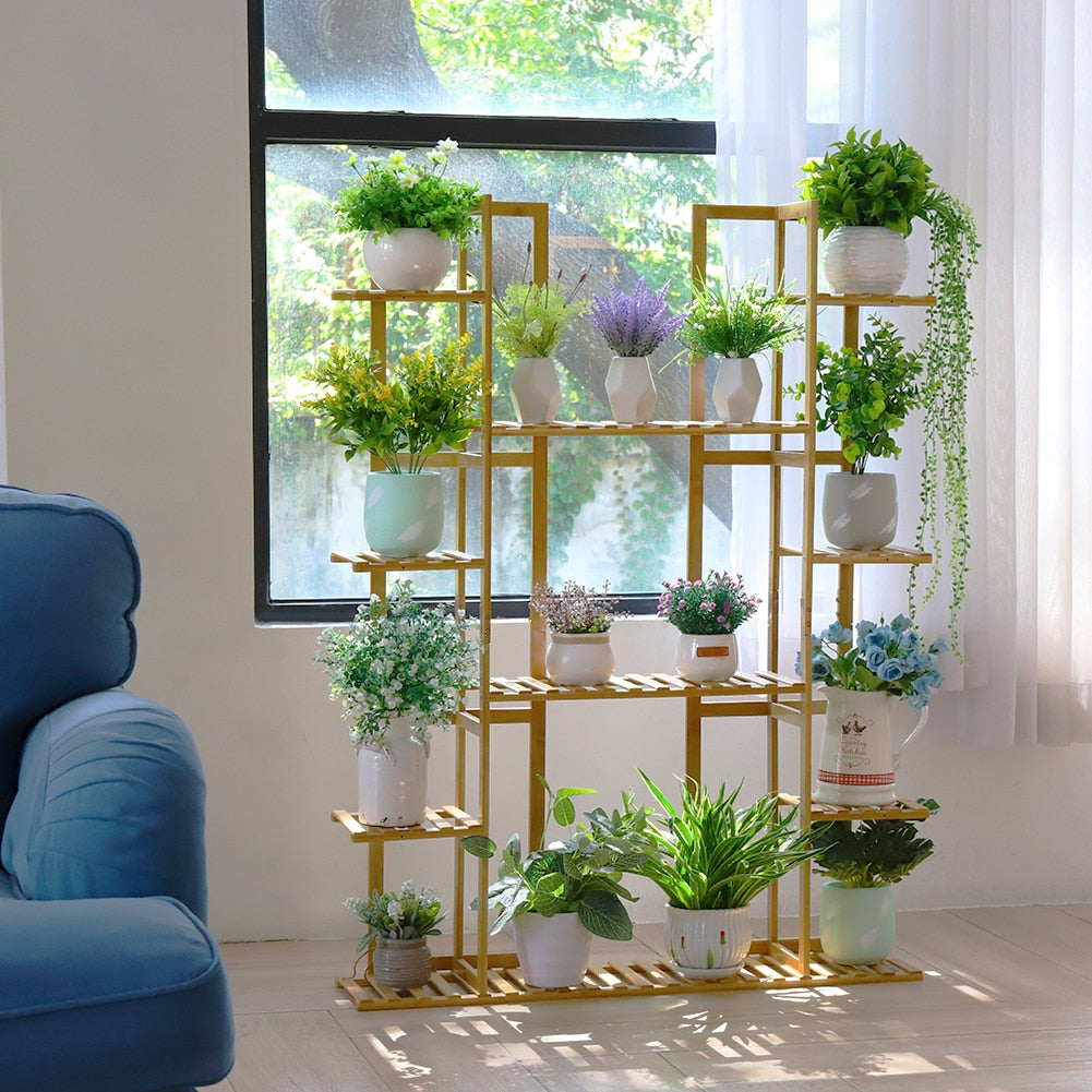 bamboo stand with plants in living room