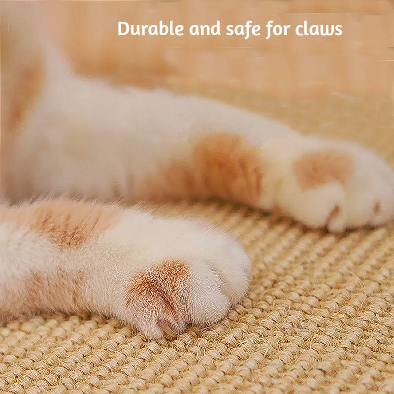 Orange and white cat with paws on sisal mat