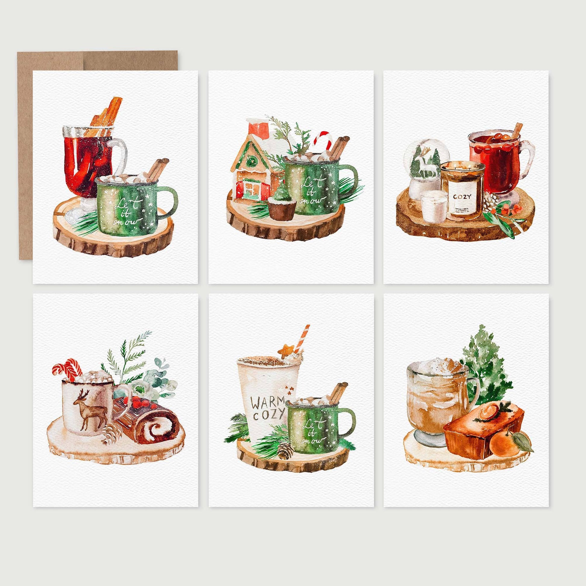 Six card designs of cozy Christmas treats