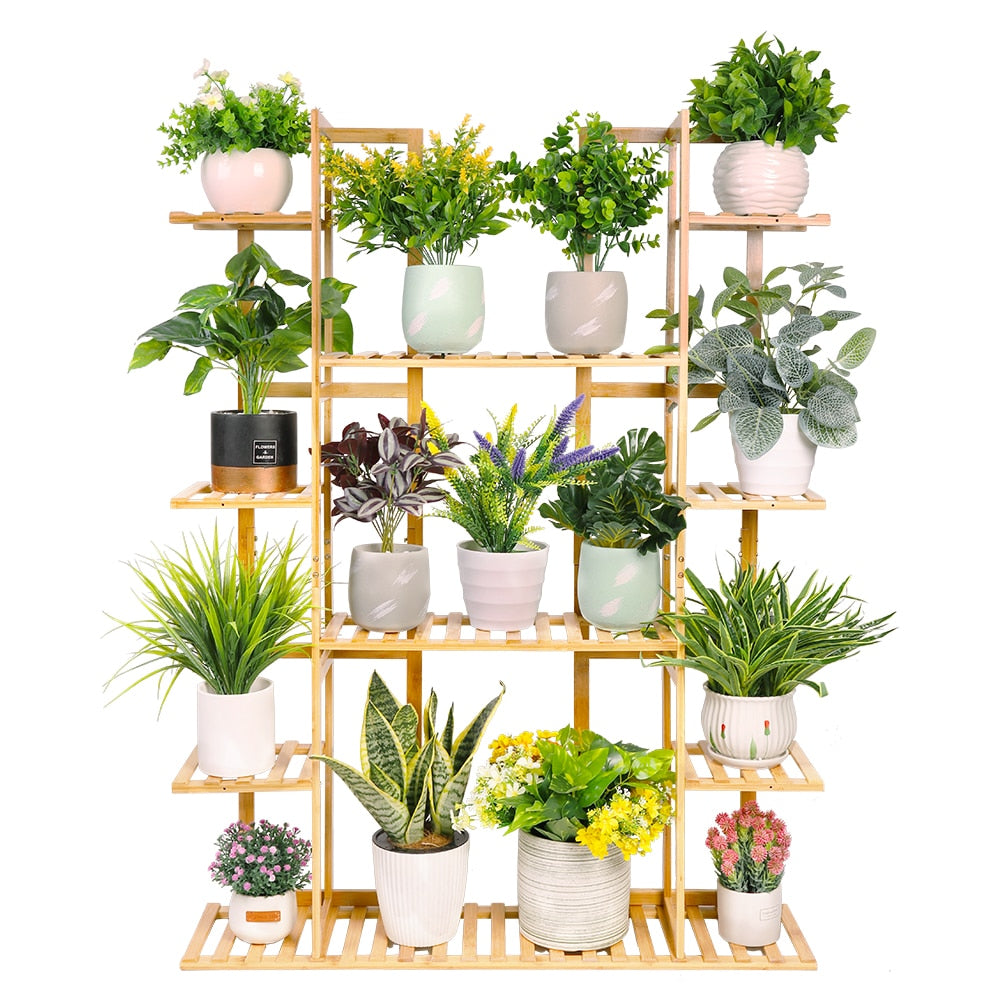 bamboo stand with potted plants