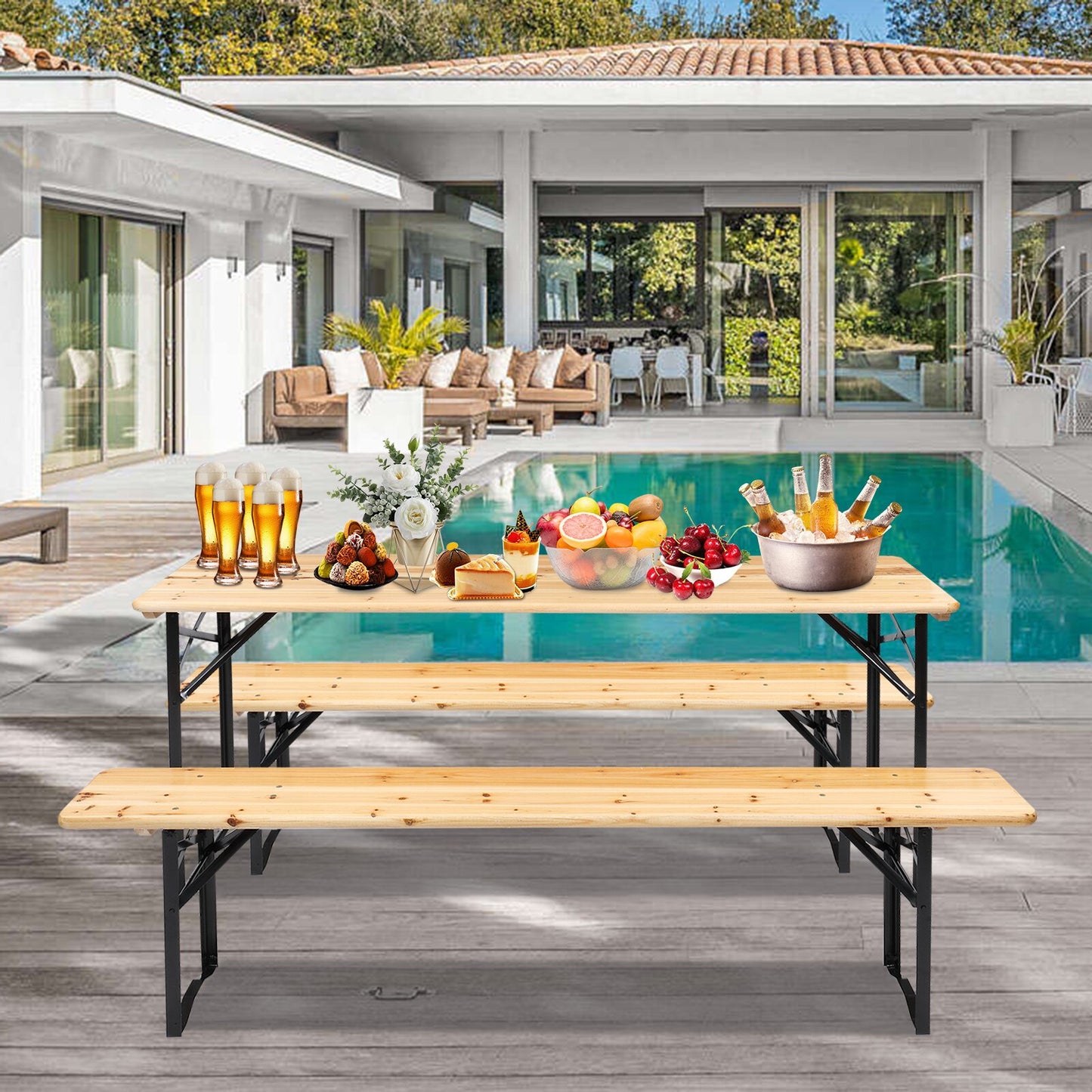 folding table in outdoor setting by pool