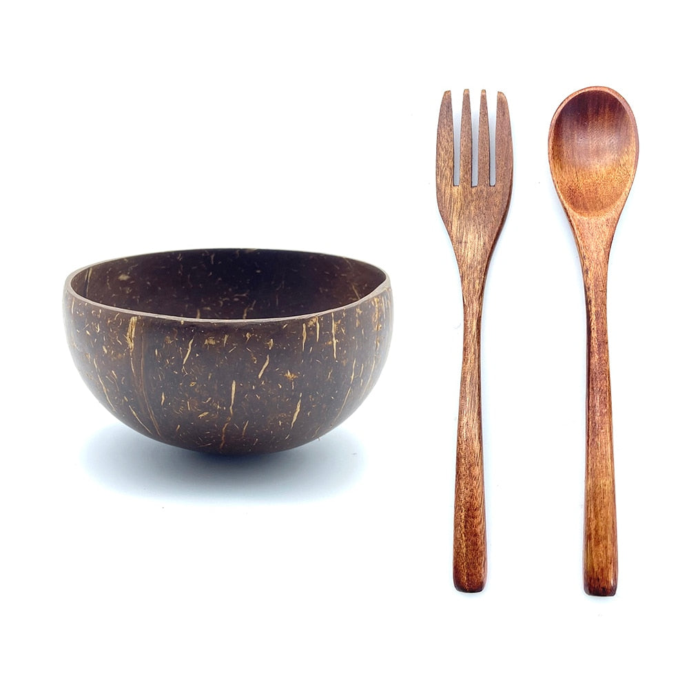 coconut bowl with wood fork and spoon