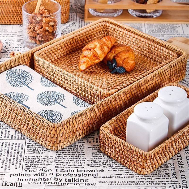 three stackable rectangle rattan storage baskets