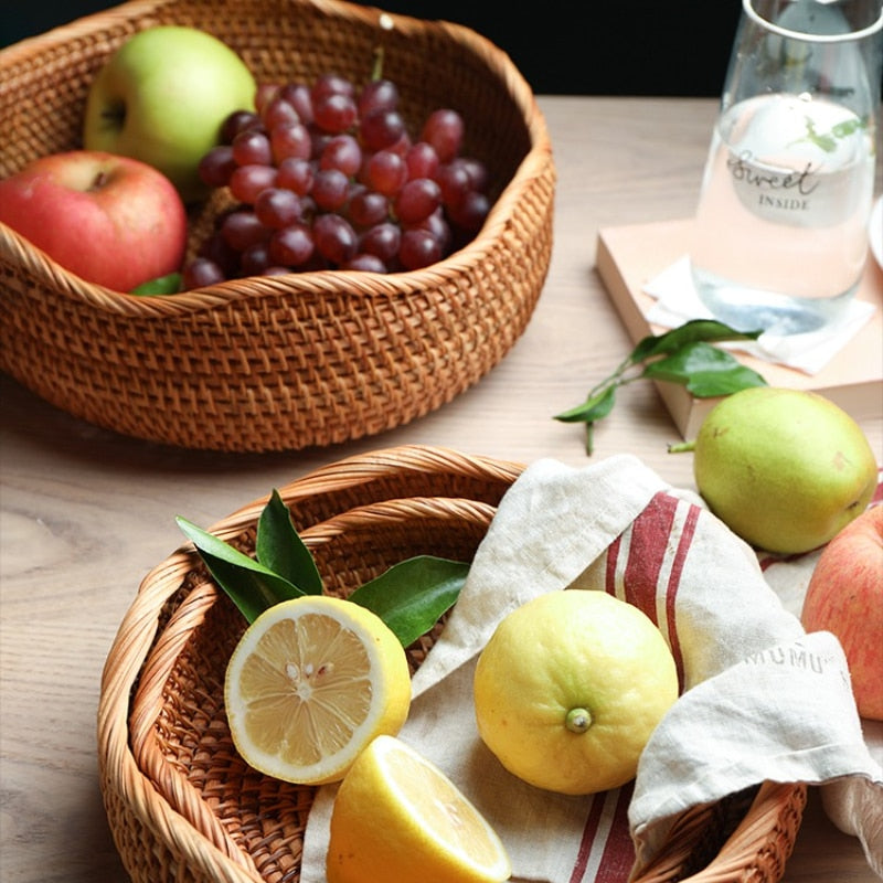 three round rattan storage basket with fruit