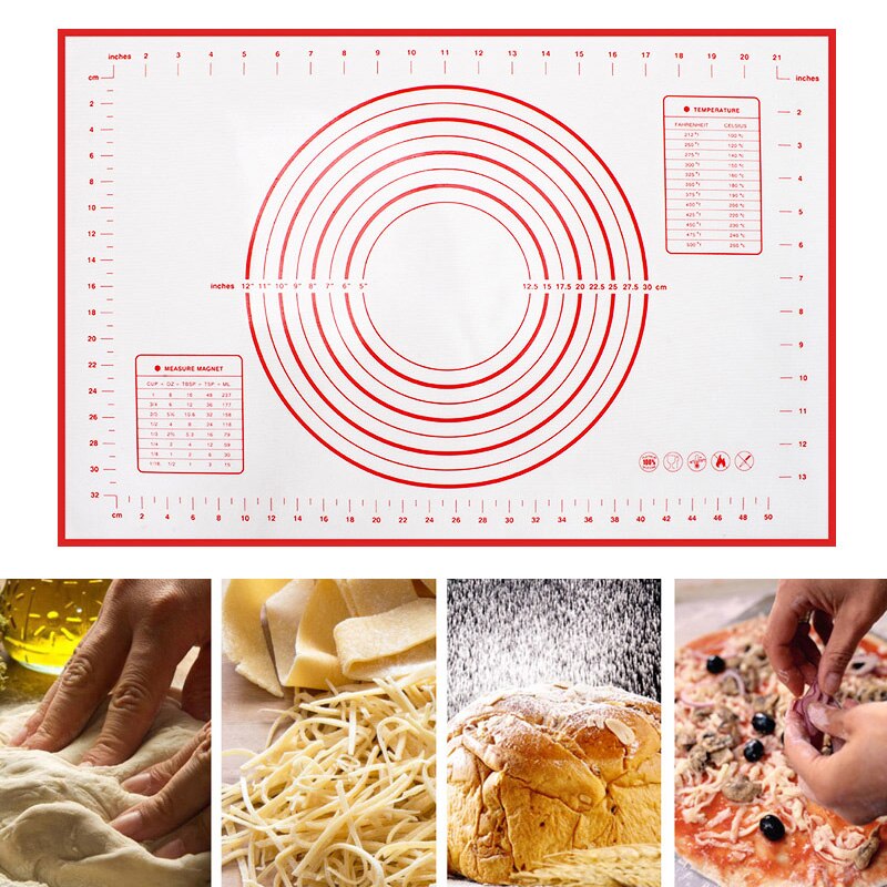 red baking mat with pictures of food