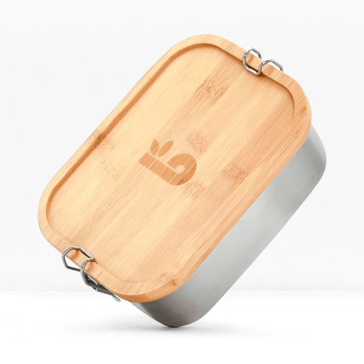 Tilted, top view bamboo top lunch box